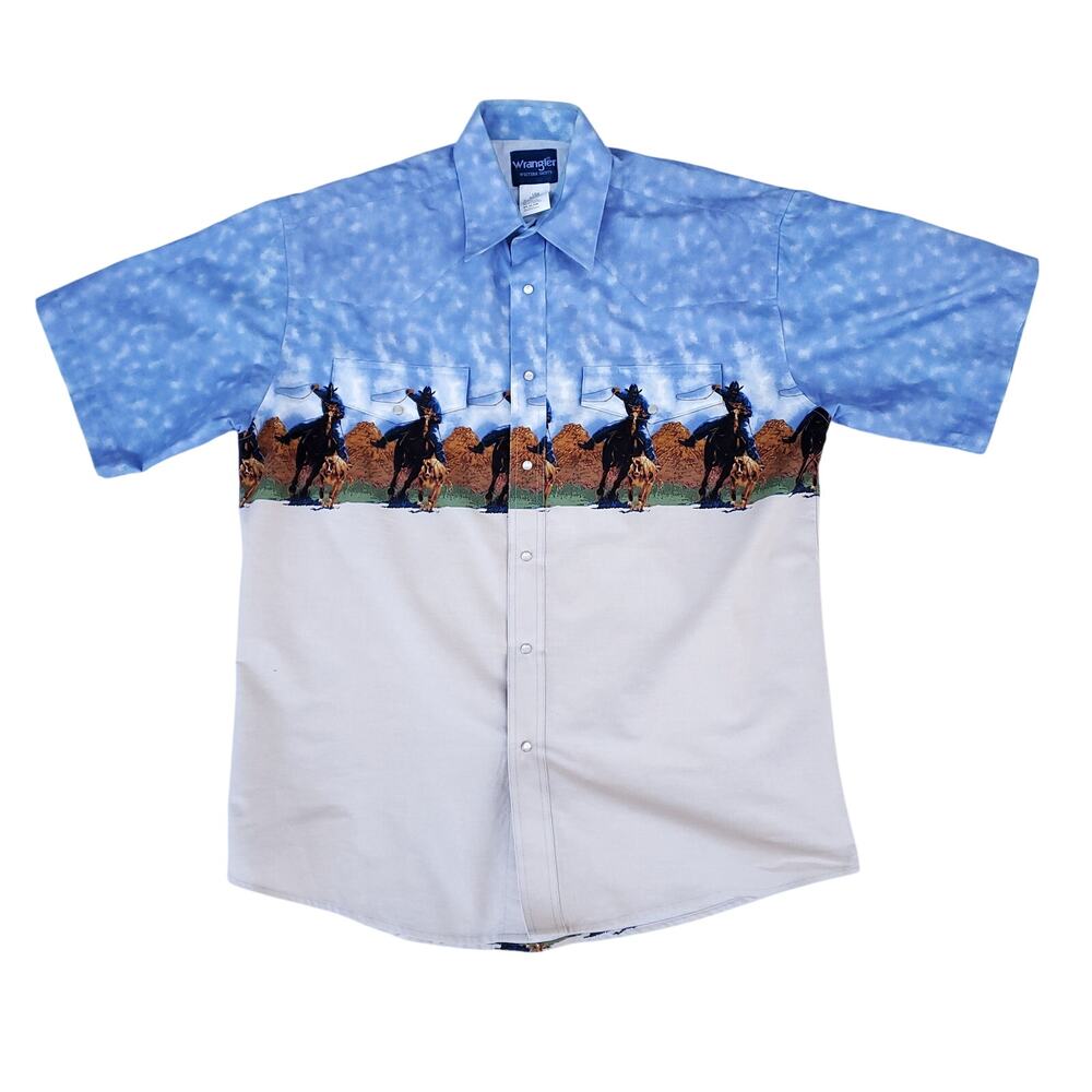 Wrangler Western Cowboy Calf Roping Lasso Rodeo Pearl Snap Short Sleeve Shirt Lg